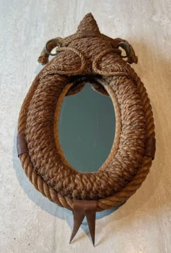 Pamono Oval Rope and Leather Mirror by Audoux & Minet> Mirrors