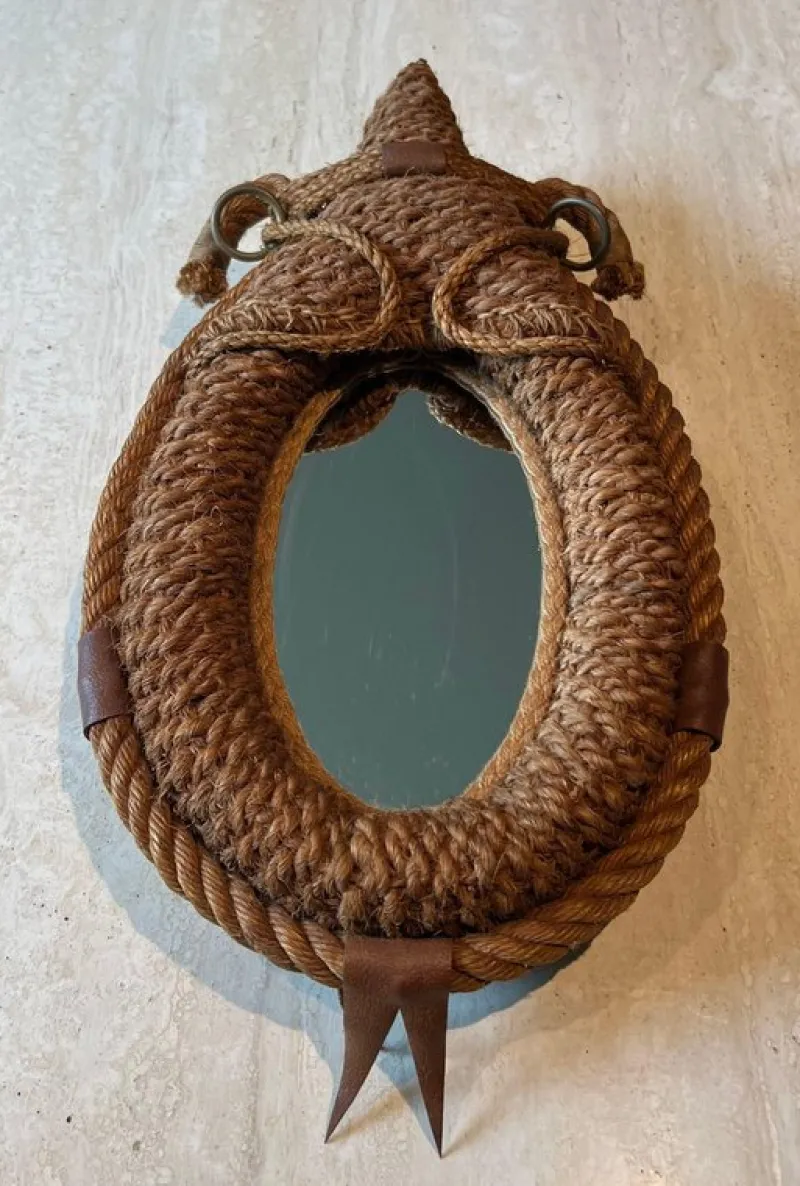 Pamono Oval Rope and Leather Mirror by Audoux & Minet> Mirrors