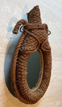 Pamono Oval Rope and Leather Mirror by Audoux & Minet><noscript><img width=