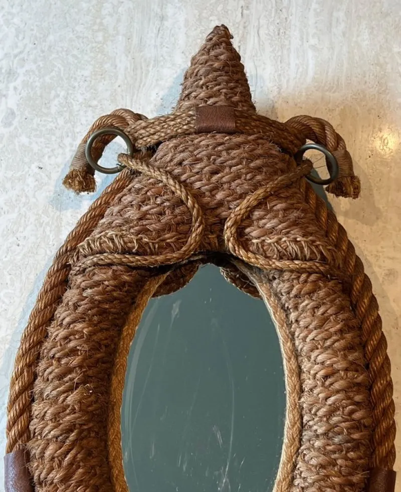 Pamono Oval Rope and Leather Mirror by Audoux & Minet> Mirrors