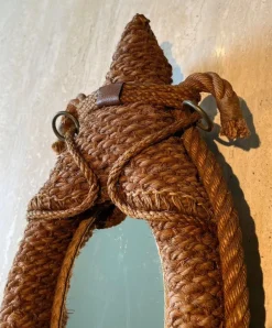Pamono Oval Rope and Leather Mirror by Audoux & Minet><noscript><img width=