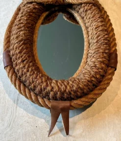 Pamono Oval Rope and Leather Mirror by Audoux & Minet><noscript><img width=