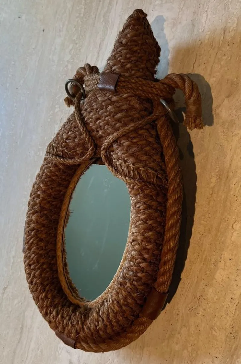 Pamono Oval Rope and Leather Mirror by Audoux & Minet> Mirrors
