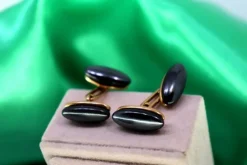 Pamono Oval Shaped Gold Cufflinks with Black Tanzanites, Set of 2><noscript><img width=