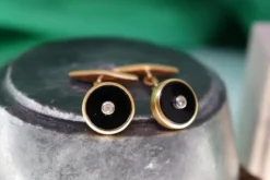 Pamono Oval-Shaped Gold Cufflinks with Zirconias, Set of 2><noscript><img width=