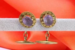 Pamono Oval-Shaped Gold Cufflinks with Reliefs and Amethysts, Set of 2><noscript><img width=