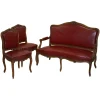 Pamono Oxblood Leather French Salon Armchairs & Sofa, Set of 3> Living Room Sets