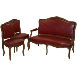 Pamono Oxblood Leather French Salon Armchairs & Sofa, Set of 3> Living Room Sets