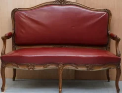 Pamono Oxblood Leather French Salon Armchairs & Sofa, Set of 3><noscript><img width=
