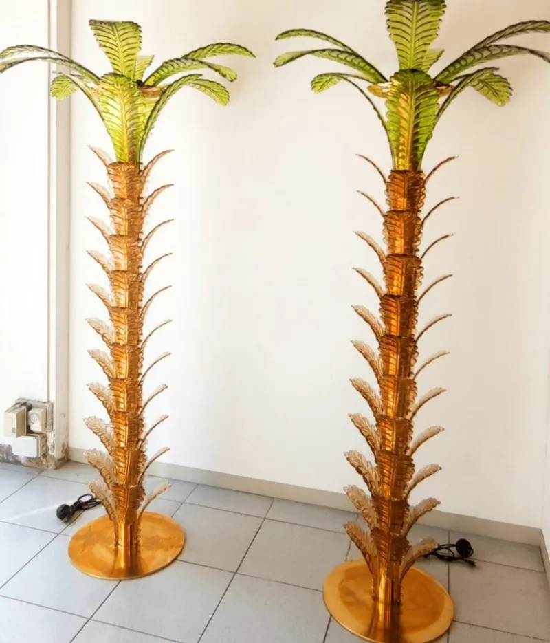 Pamono Palm Tree Floor Lamps in Brass & Murano Glass, Set of 2> Floor Lamps