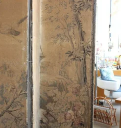 Pamono 4-Panel Room Divider with Embroidered Tapestry, England, Late 1800s><noscript><img width=