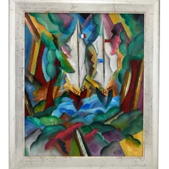 New Pamono Patrick Leroy, Art Deco Style Landscape with Sailing Boats, Painting