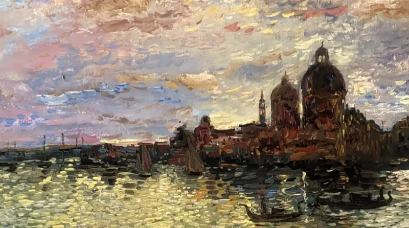 Pamono Paul Flaubert, Sunset in Venice, 1950s, Oil on Panel, Framed> Impressionist