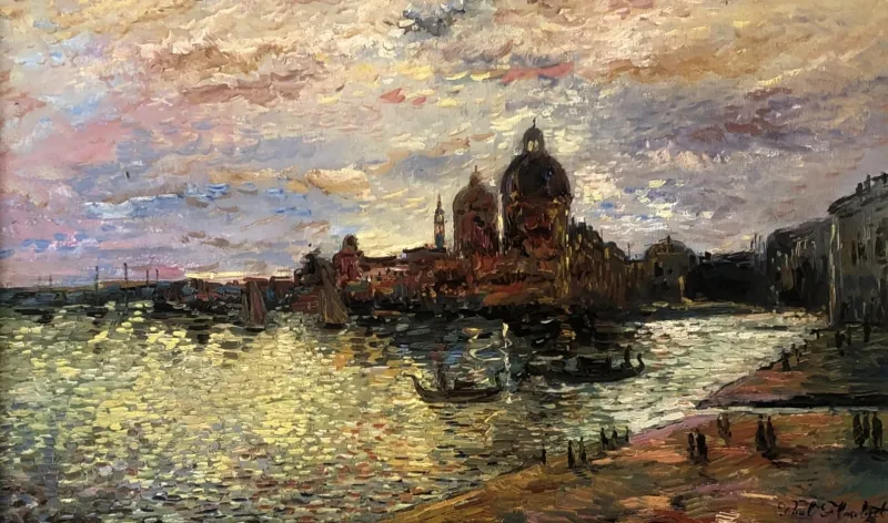 Pamono Paul Flaubert, Sunset in Venice, 1950s, Oil on Panel, Framed> Impressionist