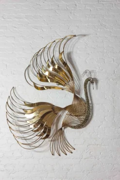 Pamono Peacock Wall Sculpture in Brass by Curtis Jere, 1980s><noscript><img width=