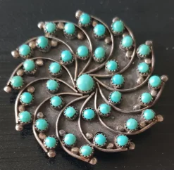 Sale Pamono Petit Mid-Century Turquoise and Silver Zuni Point Sun Wheel Brooch and Pendant