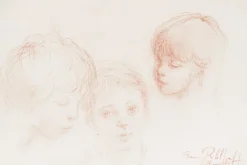 Pamono Philippe Moretti, Three Children, Original Sanguine Drawing, 1979> Mid-Century|Work On Paper