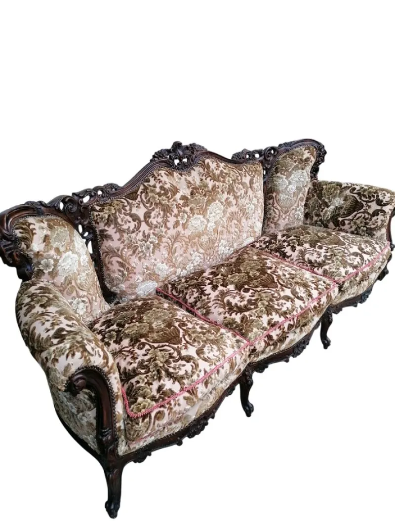 Hot Pamono Piedmontese Baroque Style Sofa and Armchairs in Hand-Carved Wood and Damask Velvet, 1950s, Set of 3
