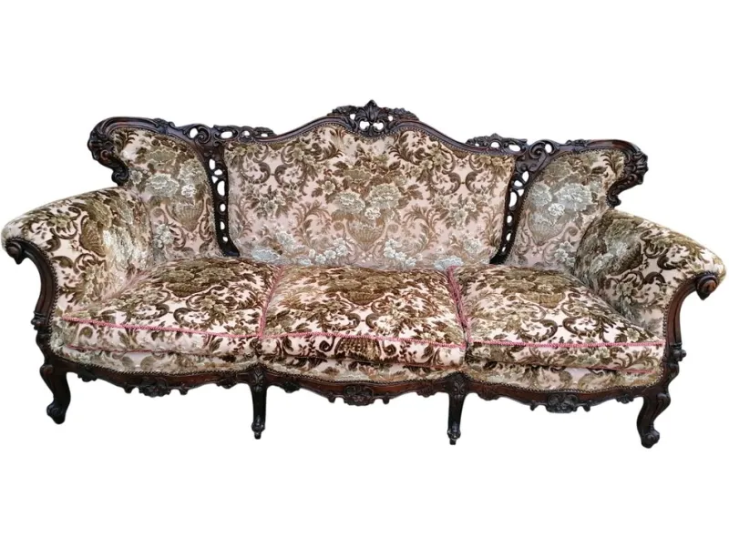 Hot Pamono Piedmontese Baroque Style Sofa and Armchairs in Hand-Carved Wood and Damask Velvet, 1950s, Set of 3