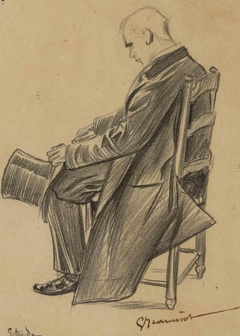 New Pamono Pierre Georges Jeanniot, Seated Man, Drawing in Pencil, Late 19th Century