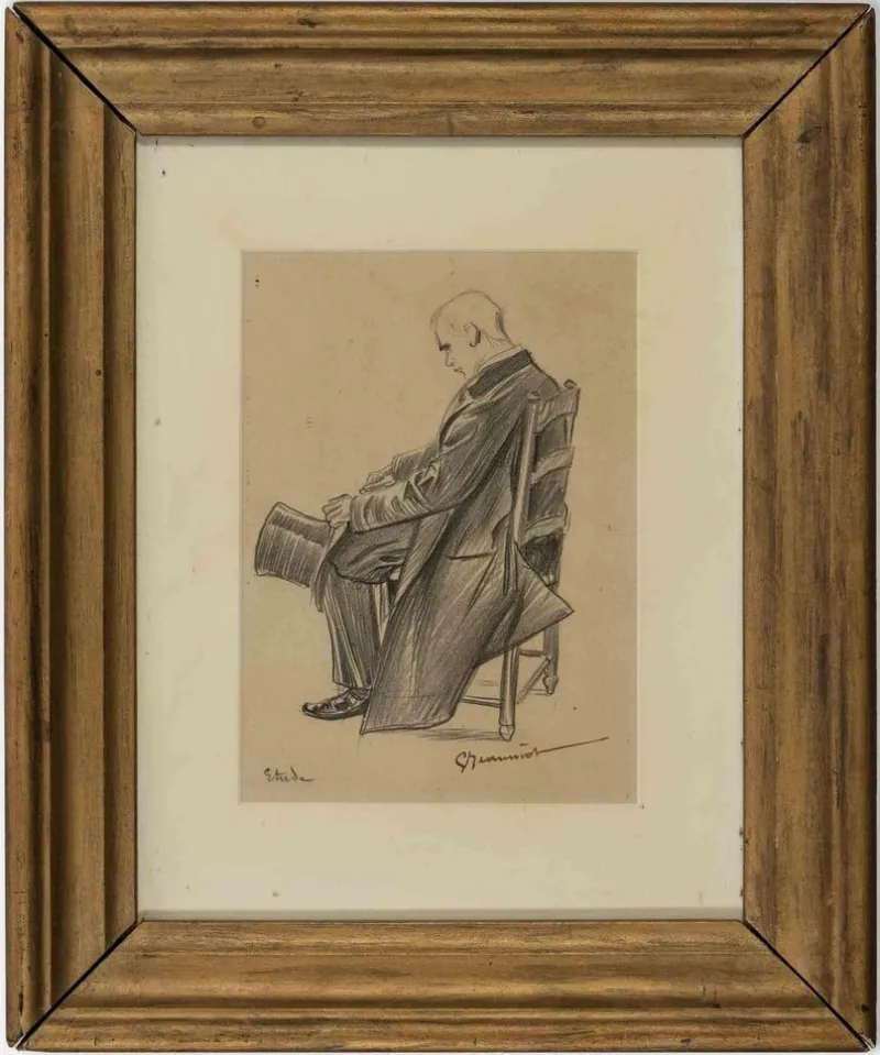 New Pamono Pierre Georges Jeanniot, Seated Man, Drawing in Pencil, Late 19th Century