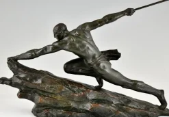 Pamono Pierre Le Faguays, Art Deco Athlete with Spear, 1927, Bronze> Art Deco