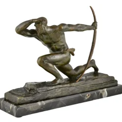 Pamono Pierre Le Faguays, Art Deco Sculpture of Athlete with Bow, 1930, Bronze on Marble Base> Art Deco
