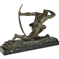 Pamono Pierre Le Faguays, Art Deco Sculpture of Athlete with Bow, 1930, Bronze on Marble Base><noscript><img width=