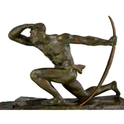 Pamono Pierre Le Faguays, Art Deco Sculpture of Athlete with Bow, 1930, Bronze on Marble Base><noscript><img width=