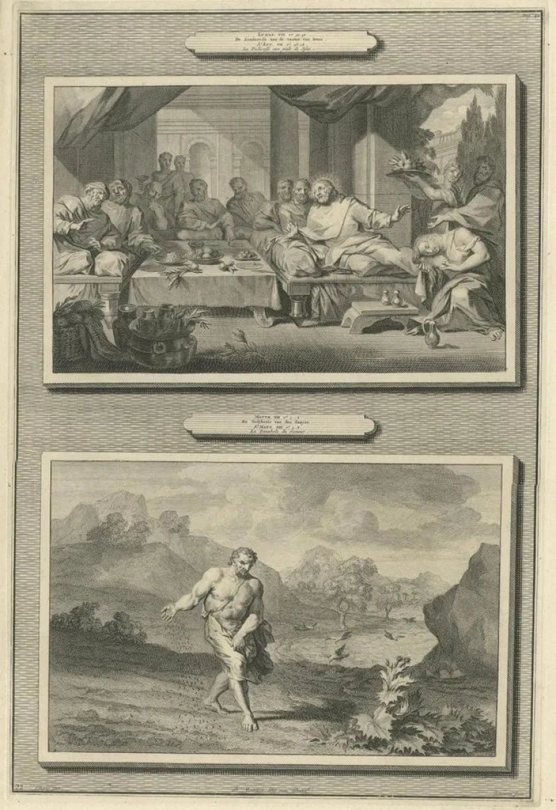 Pamono Pieter Mortier, Feast in the House of Simon and Parable of the Sower, 1700, Paper> Prints & Multiples