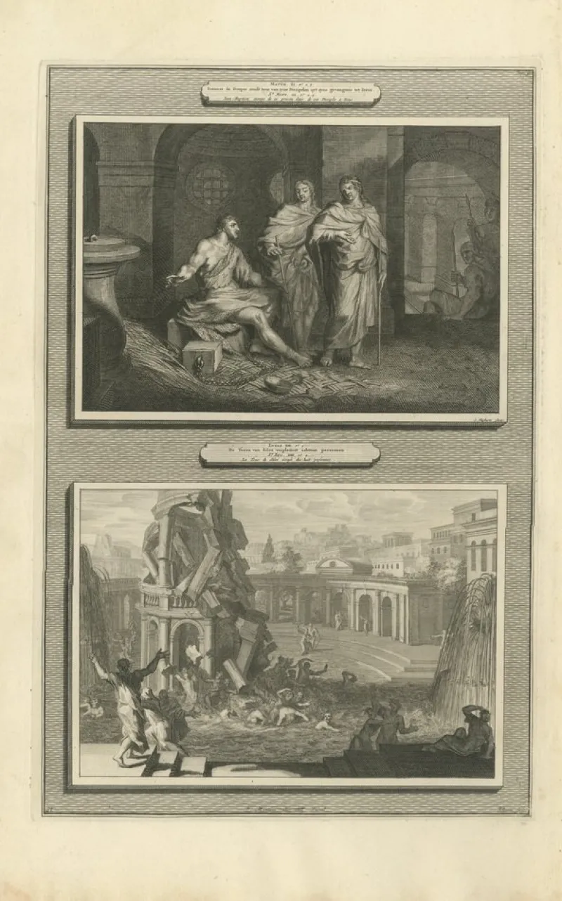 New Pamono Pieter Mortier, John the Baptist in Prison and Fall of the Tower of Siloam, 1700, Paper