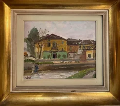 Pamono Pietro Virgilio Lietti, Figures Along the Canal, 20th Century, Oil Painting on Panel, Framed> Painting