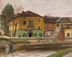 Pamono Pietro Virgilio Lietti, Figures Along the Canal, 20th Century, Oil Painting on Panel, Framed> Painting