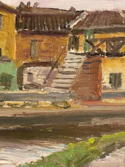 Pamono Pietro Virgilio Lietti, Figures Along the Canal, 20th Century, Oil Painting on Panel, Framed><noscript><img width=