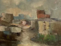 Sale Pamono Pietro Virgilio Lietti, Figures Along the Canal, 20th Century, Oil Painting on Panel, Framed