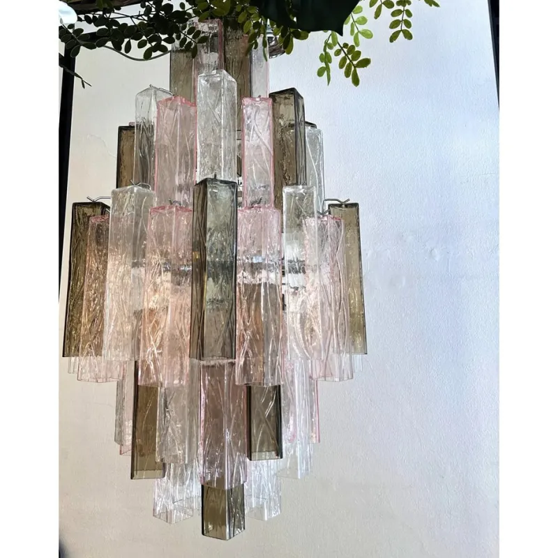 Pamono Pink and Fumè Squared Bark Murano Glass Chandelier by Simoeng> Ceiling Lights
