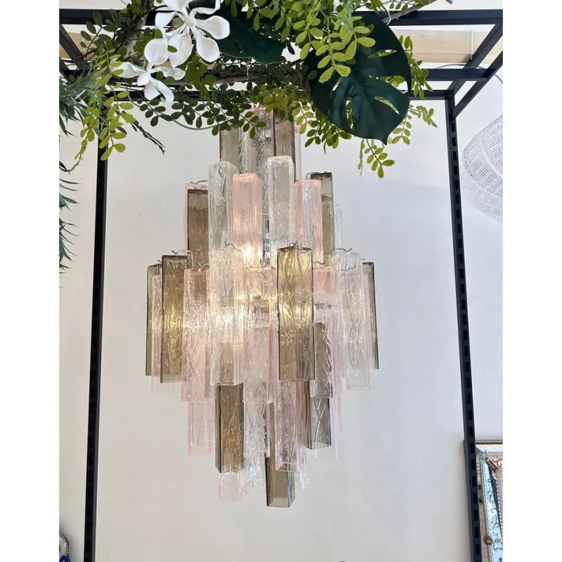 Pamono Pink and Fumè Squared Bark Murano Glass Chandelier by Simoeng> Ceiling Lights
