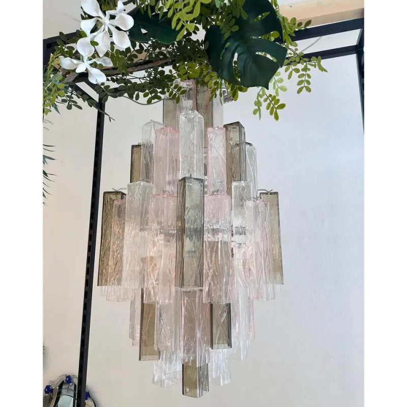 Pamono Pink and Fumè Squared Bark Murano Glass Chandelier by Simoeng> Ceiling Lights