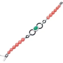 Pamono Platinum and White Gold Bracelet with Coral and Emerald> Bracelets