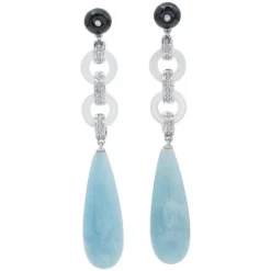 Pamono Platinum Dangle Earrings with Aquamarine, White Stones, Onyx and Diamonds, Set of 2