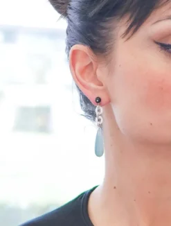 Pamono Platinum Dangle Earrings with Aquamarine, White Stones, Onyx and Diamonds, Set of 2