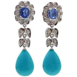 Pamono Platinum Dangle Earrings with Turquoises, Sapphires and Diamonds, Set of 2> Earrings