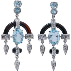New Pamono Platinum Dangle Earrings with Aquamarine Topazs, Diamonds and Onyx, Set of 2