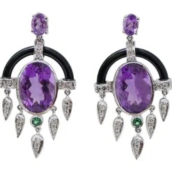 Pamono Platinum Earrings with Amethysts, Tsavorite, Onyx and Diamonds, Set of 2> Earrings