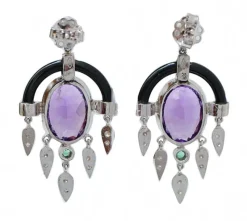 Pamono Platinum Earrings with Amethysts, Tsavorite, Onyx and Diamonds, Set of 2><noscript><img width=