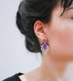 Pamono Platinum Earrings with Amethysts, Tsavorite, Onyx and Diamonds, Set of 2><noscript><img width=