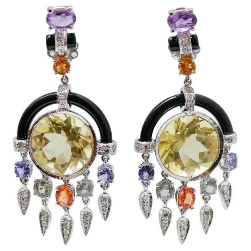 Online Pamono Platinum Earrings with Lemon Quartz, Amethysts, Topazs, Sapphires, Diamonds and Onyx, Set of 2