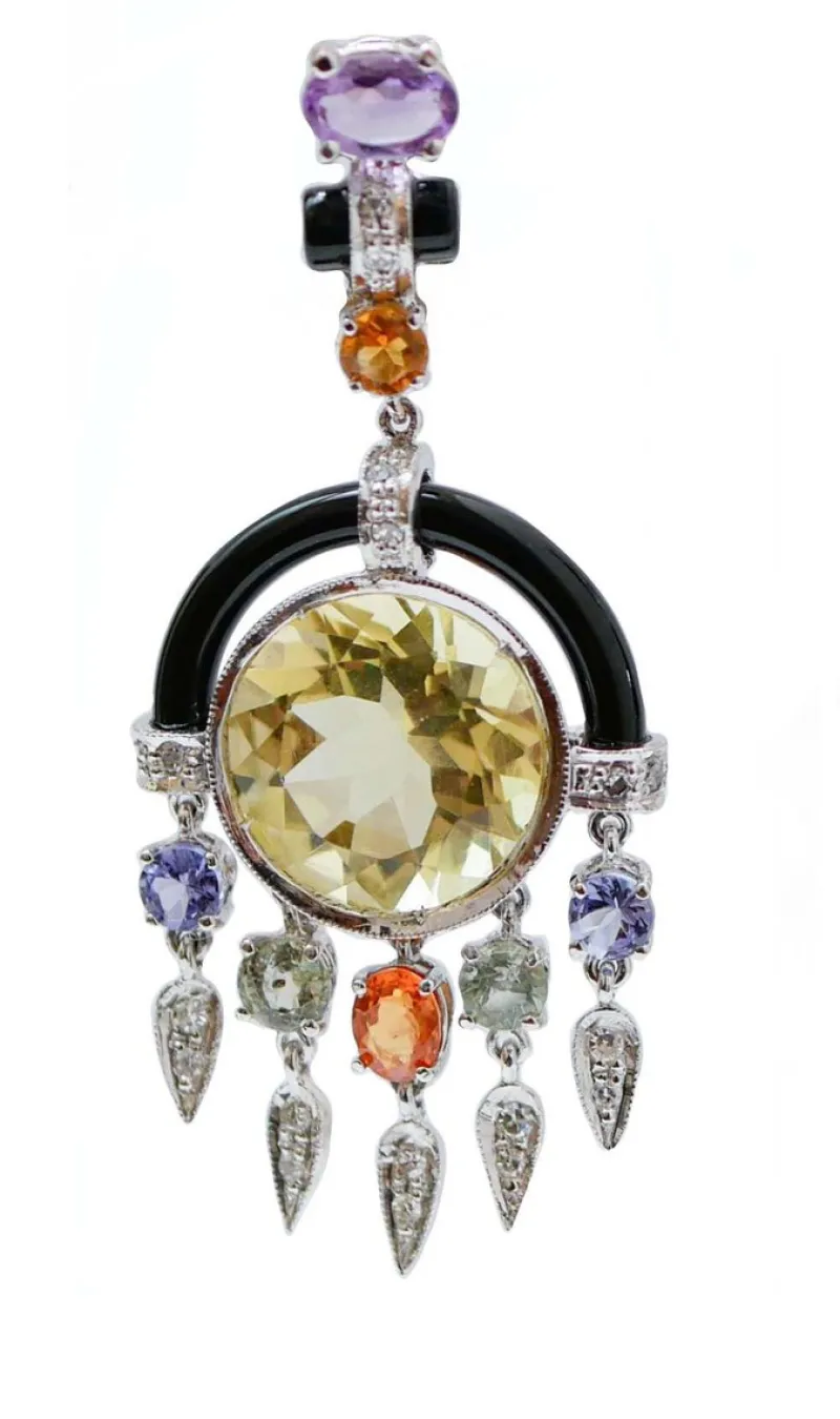 Online Pamono Platinum Earrings with Lemon Quartz, Amethysts, Topazs, Sapphires, Diamonds and Onyx, Set of 2