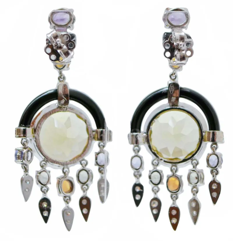 Online Pamono Platinum Earrings with Lemon Quartz, Amethysts, Topazs, Sapphires, Diamonds and Onyx, Set of 2