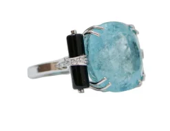 Sale Pamono Platinum Ring with Aquamarine and Diamonds and Onyx